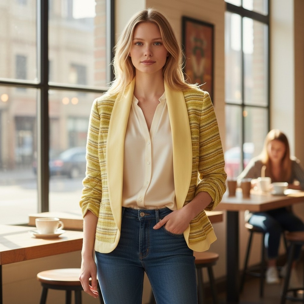 Doncaster Collection Womens 4 Yellow Tweed Blazer Silk Trim Ruched Sleeve